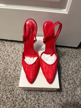 Red Lace Slingback Pointed-Toe Heels by Femme